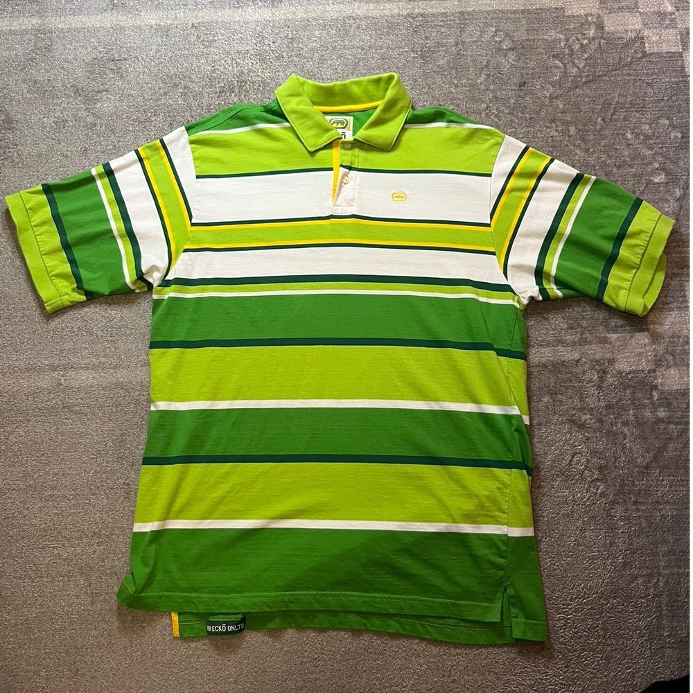 Ecko Unltd Mens XL Green Striped Polo Shirt Short Sleeve Rhino Logo Streetwear